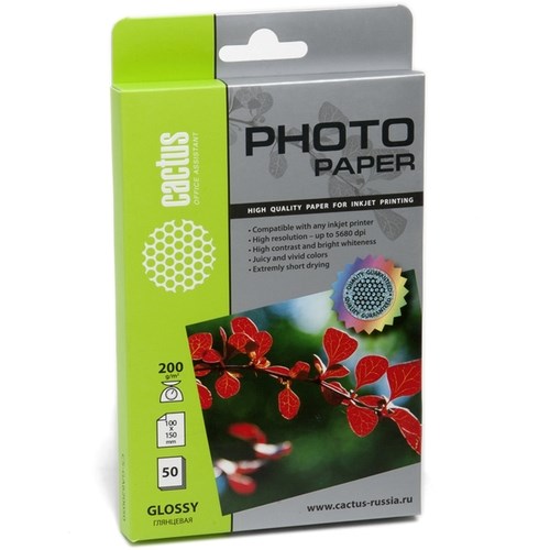 

Фотобумага Cactus CS-GA620050E 10x15, 200г/м2, 50л, белая глянцевая для струйной печати