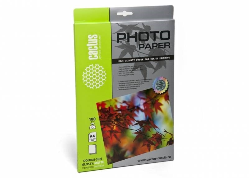 

Фотобумага двухсторонняя (глянцевая/матовая) Cactus CS-KGMA4180500 A4, 180г/м2, 500л., для струйной печати