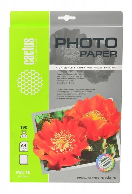 

Фотобумага матовая Cactus CS-KMA4190500 A4, 190г/м2, 500л.