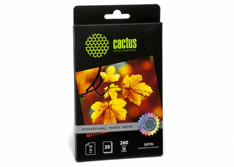 

Фотобумага Cactus CS-SMA626020 10x15, 260г/м2, 20л., белый шелковисто-матовое для струйной печати