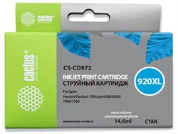 Струйный картридж Cactus CS-CD972 (HP 920XL) голубой увеличенной емкости для HP OfficeJet 6000 Pro, 6500, 6500a, 7000, 7500, 7500a (e910a) (14,6 мл) - фото 14620