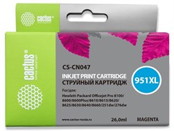 Струйный картридж Cactus CS-CN047 (HP 951XL) пурпурный увеличенной емкости для HP OfficeJet 251dw Pro, 276dw Pro, 8100 Pro, 8100e, 8600 Pro (N911a), 8600 Pro Plus (N911g), 8610 Pro (A7F64A), 8615 Pro, 8616 Pro, 8620 Pro (A7F65A) (26 мл) - фото 14632