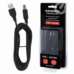 Кабель USB 2.0 AM-BM, 1,5 м, Sonnen Premium, медь, для периферии, экранированный, черный - фото 16935
