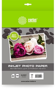 Фотобумага Cactus CS-GA4150100ED A4, 150г/м2, 100л, белая глянцевая для струйной печати - фото 20800