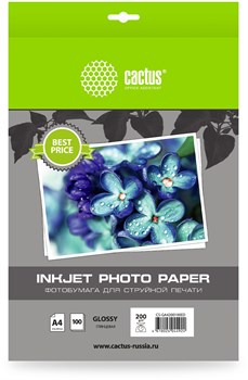 Фотобумага Cactus CS-GA4200100ED A4, 200г/м2, 100л, белая глянцевая для струйной печати - фото 20806