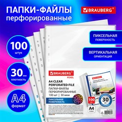 Папки-файлы перфорированные с антибликовой текстурой А4 BRAUBERG PIXEL, КОМПЛЕКТ 100 шт., 30 мкм - фото 21090