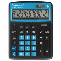 Калькулятор настольный Brauberg Extra Color-12-BKBU (206x155 мм), 12 разрядов, двойное питание, черно-голубой - фото 21104